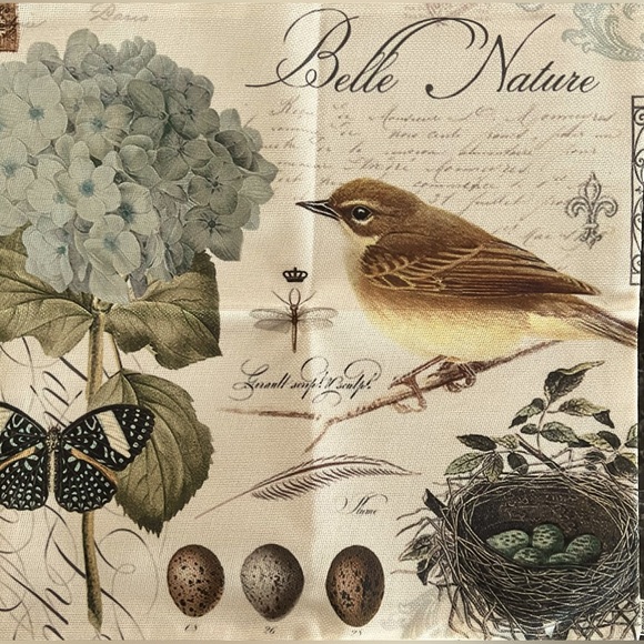 French Country Pillow Cover 17.5” Sq. Bird, Flowers, Dragonfly, French Words NEW - Picture 1 of 1